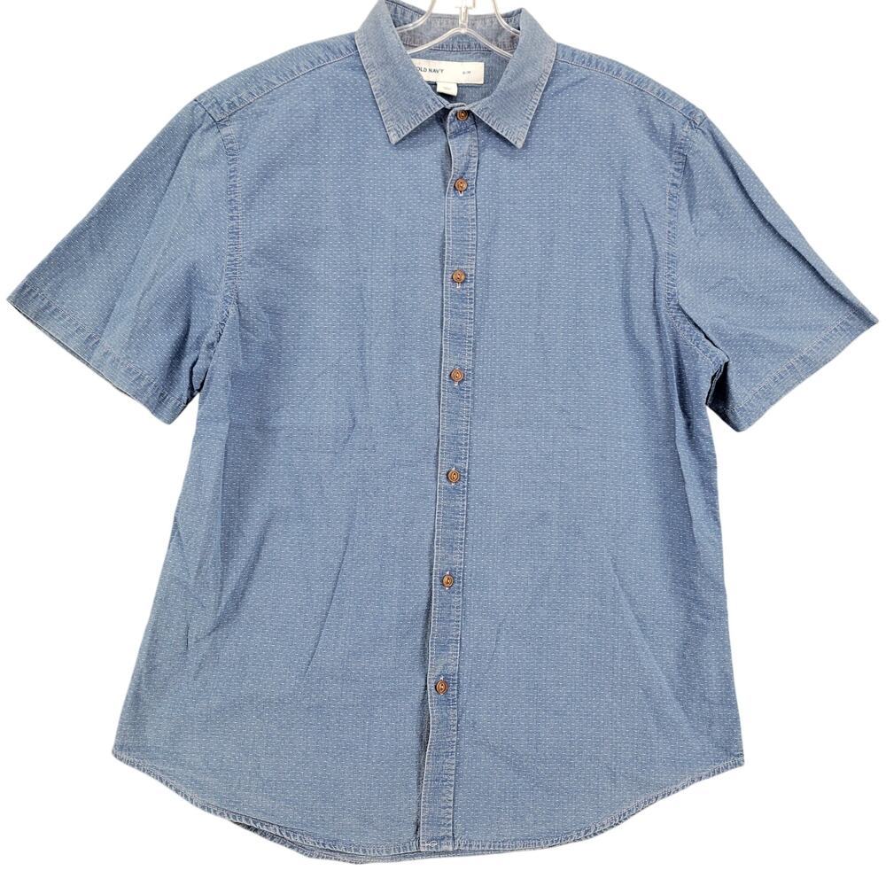 Old Navy Blue Shirt Preppy Slim Dotted Classic Short Sleeve Button Up Men Size L